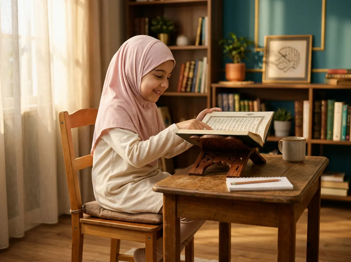 A young hijabi girl seated at a wooden study desk smiling as she reads from an open Quran resting on a wooden rehl, in warm afternoon light