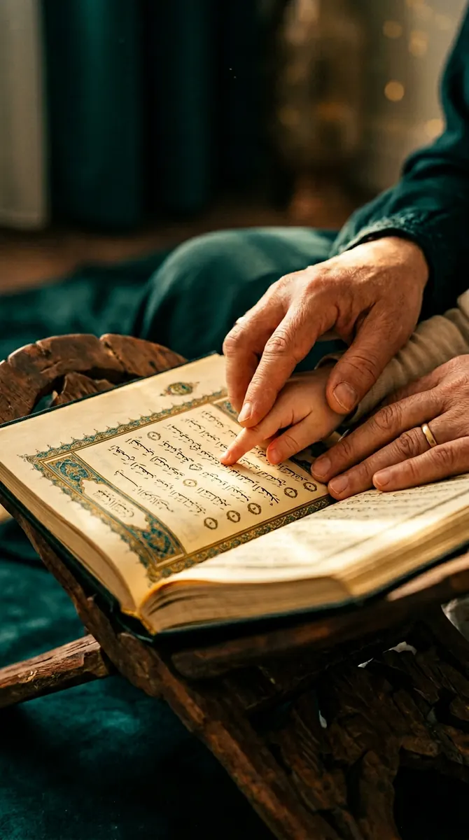 An adult hand gently guiding a child's finger across a Quran page