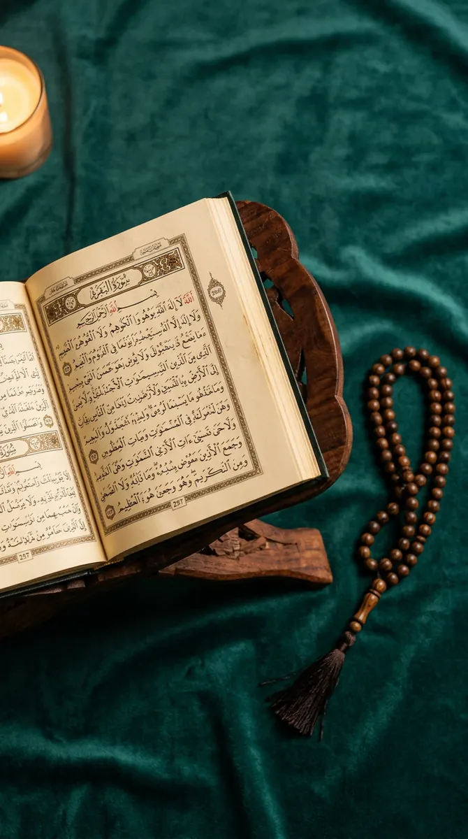 An open Quran on a wooden rehl with prayer beads on deep teal velvet, warm candlelight glow
